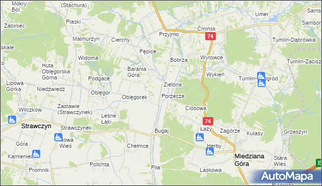 mapa Porzecze gmina Miedziana Góra, Porzecze gmina Miedziana Góra na mapie Targeo