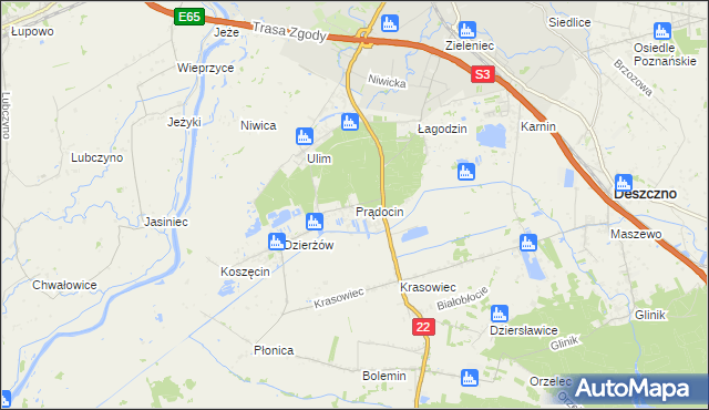 mapa Prądocin gmina Deszczno, Prądocin gmina Deszczno na mapie Targeo