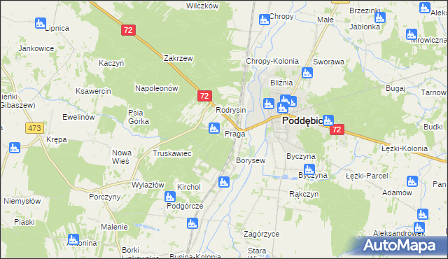 mapa Praga gmina Poddębice, Praga gmina Poddębice na mapie Targeo