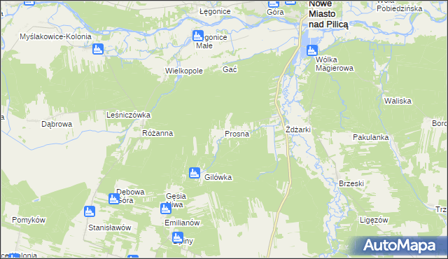 mapa Prosna gmina Nowe Miasto nad Pilicą, Prosna gmina Nowe Miasto nad Pilicą na mapie Targeo