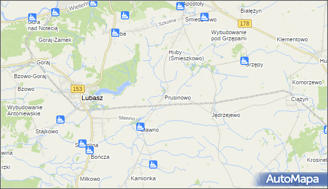 mapa Prusinowo gmina Lubasz, Prusinowo gmina Lubasz na mapie Targeo