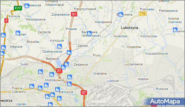 mapa Prusy gmina Kocmyrzów-Luborzyca, Prusy gmina Kocmyrzów-Luborzyca na mapie Targeo