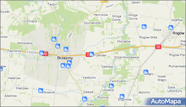 mapa Przecław gmina Brzeziny, Przecław gmina Brzeziny na mapie Targeo