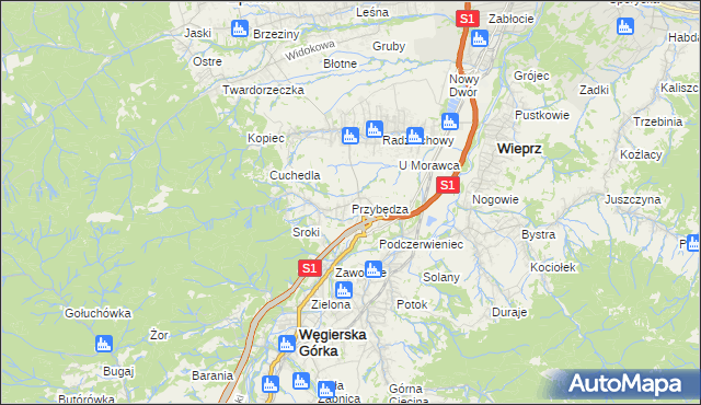 mapa Przybędza, Przybędza na mapie Targeo