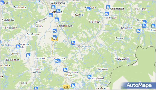 mapa Przyborów gmina Jeleśnia, Przyborów gmina Jeleśnia na mapie Targeo