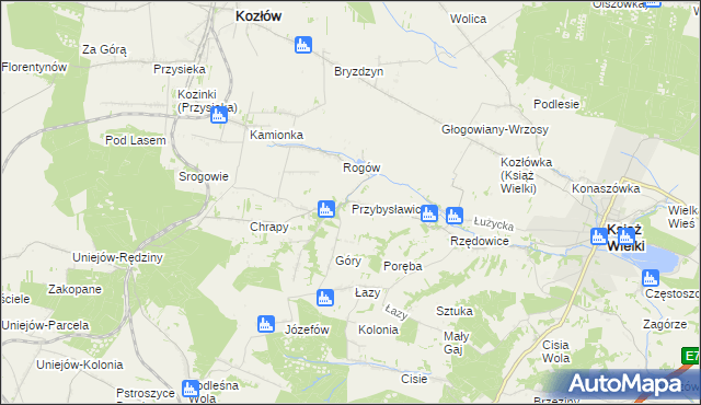 mapa Przybysławice gmina Kozłów, Przybysławice gmina Kozłów na mapie Targeo