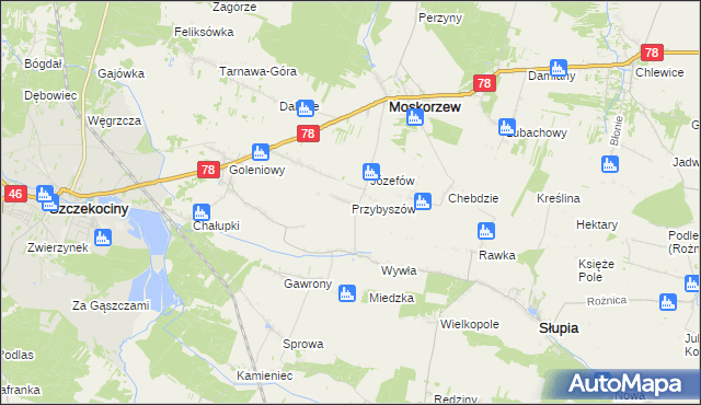 mapa Przybyszów gmina Moskorzew, Przybyszów gmina Moskorzew na mapie Targeo