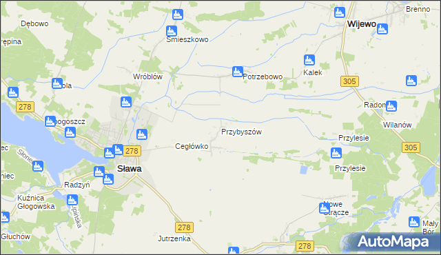 mapa Przybyszów gmina Sława, Przybyszów gmina Sława na mapie Targeo