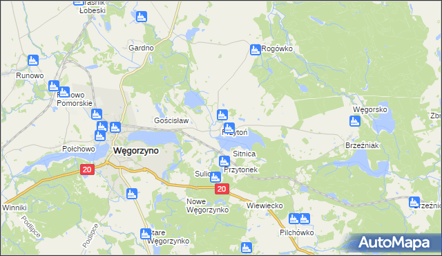 mapa Przytoń gmina Węgorzyno, Przytoń gmina Węgorzyno na mapie Targeo