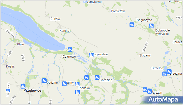 mapa Przywodzie gmina Przelewice, Przywodzie gmina Przelewice na mapie Targeo