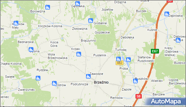 mapa Pustelnik gmina Brzeźnio, Pustelnik gmina Brzeźnio na mapie Targeo