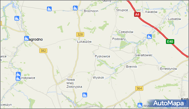 mapa Pyskowice gmina Złotoryja, Pyskowice gmina Złotoryja na mapie Targeo