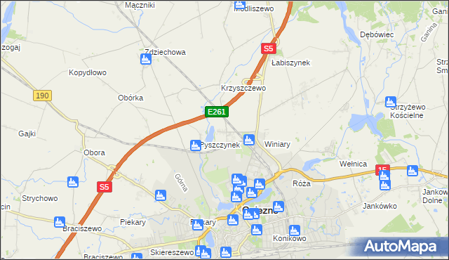 mapa Pyszczyn gmina Gniezno, Pyszczyn gmina Gniezno na mapie Targeo