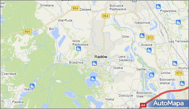 mapa Radłów powiat tarnowski, Radłów powiat tarnowski na mapie Targeo