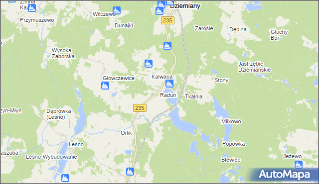 mapa Raduń gmina Dziemiany, Raduń gmina Dziemiany na mapie Targeo