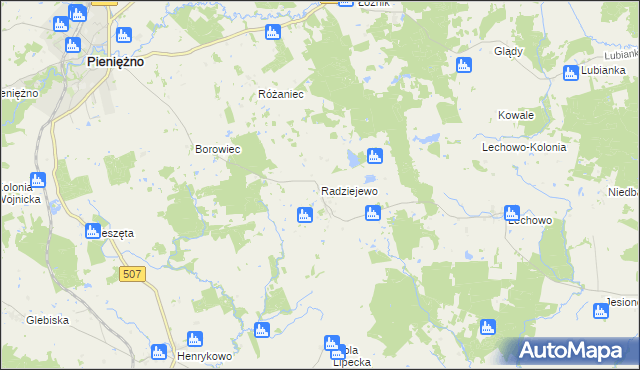mapa Radziejewo gmina Pieniężno, Radziejewo gmina Pieniężno na mapie Targeo
