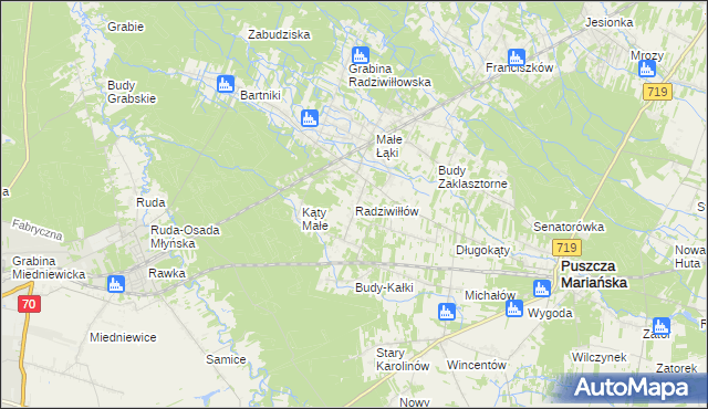 mapa Radziwiłłów gmina Puszcza Mariańska, Radziwiłłów gmina Puszcza Mariańska na mapie Targeo