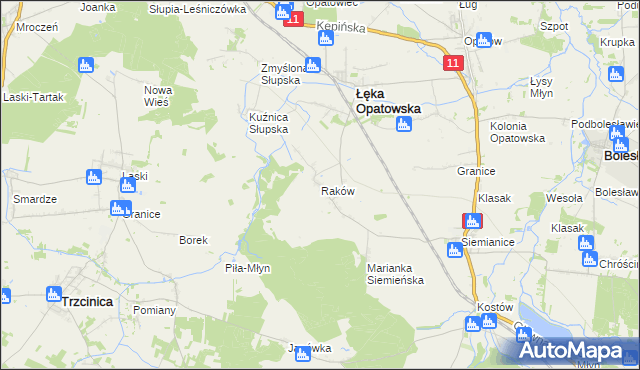 mapa Raków gmina Łęka Opatowska, Raków gmina Łęka Opatowska na mapie Targeo