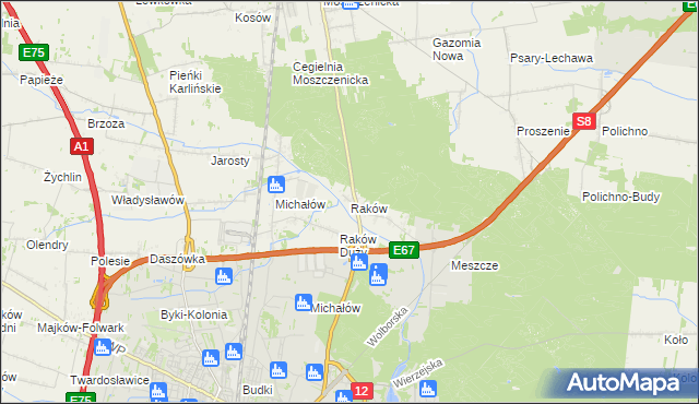 mapa Raków gmina Moszczenica, Raków gmina Moszczenica na mapie Targeo