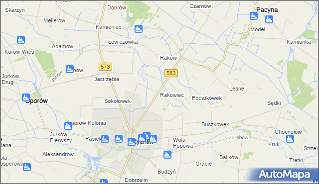 mapa Rakowiec gmina Pacyna, Rakowiec gmina Pacyna na mapie Targeo