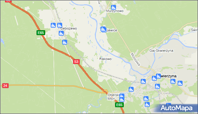 mapa Rakowo gmina Skwierzyna, Rakowo gmina Skwierzyna na mapie Targeo