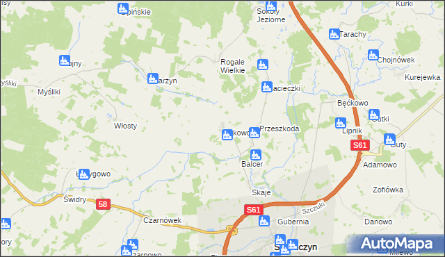 mapa Rakowo gmina Szczuczyn, Rakowo gmina Szczuczyn na mapie Targeo