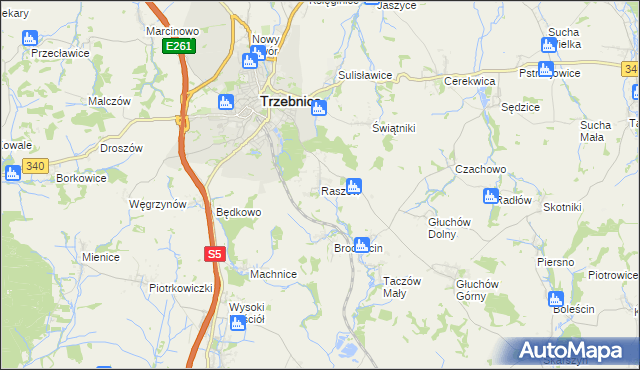 mapa Raszów gmina Trzebnica, Raszów gmina Trzebnica na mapie Targeo