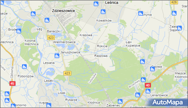 mapa Raszowa gmina Leśnica, Raszowa gmina Leśnica na mapie Targeo