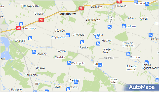 mapa Rawka gmina Słupia, Rawka gmina Słupia na mapie Targeo