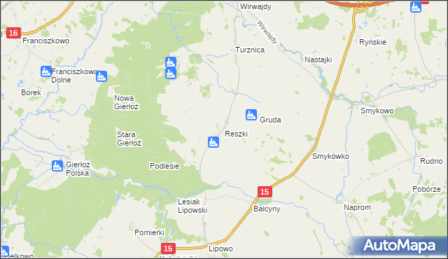 mapa Reszki gmina Ostróda, Reszki gmina Ostróda na mapie Targeo