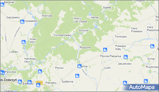 mapa Rodzone gmina Radomin, Rodzone gmina Radomin na mapie Targeo