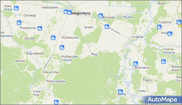 mapa Rogi gmina Wielgomłyny, Rogi gmina Wielgomłyny na mapie Targeo