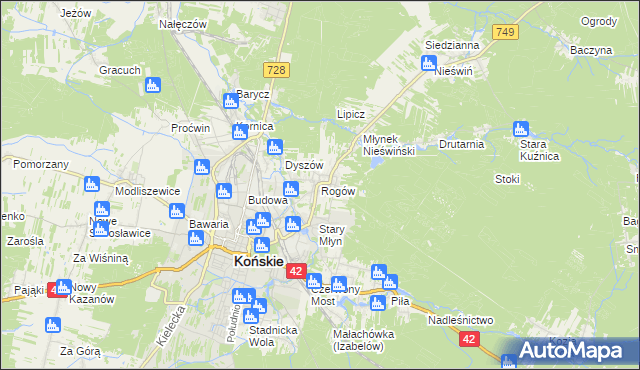 mapa Rogów gmina Końskie, Rogów gmina Końskie na mapie Targeo