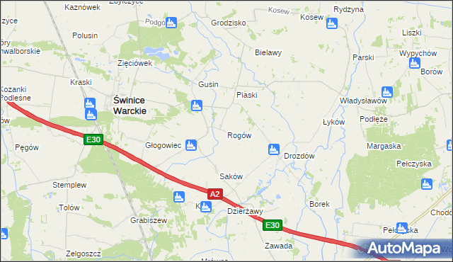 mapa Rogów gmina Świnice Warckie, Rogów gmina Świnice Warckie na mapie Targeo