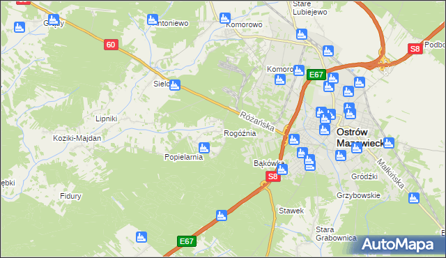 mapa Rogóźnia gmina Ostrów Mazowiecka, Rogóźnia gmina Ostrów Mazowiecka na mapie Targeo