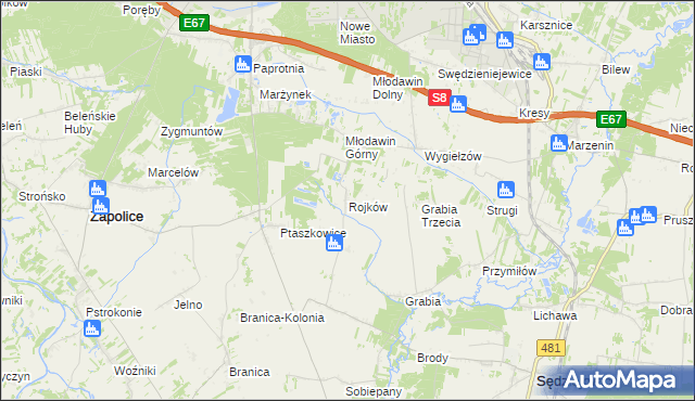 mapa Rojków gmina Zapolice, Rojków gmina Zapolice na mapie Targeo