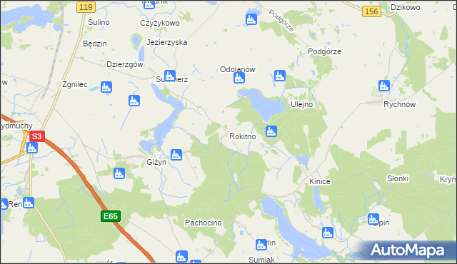 mapa Rokitno gmina Nowogródek Pomorski, Rokitno gmina Nowogródek Pomorski na mapie Targeo