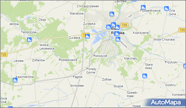 mapa Rokszyce gmina Biała Rawska, Rokszyce gmina Biała Rawska na mapie Targeo