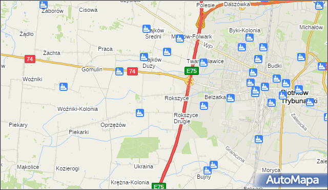 mapa Rokszyce gmina Wola Krzysztoporska, Rokszyce gmina Wola Krzysztoporska na mapie Targeo