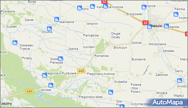 mapa Romanów gmina Błaszki, Romanów gmina Błaszki na mapie Targeo