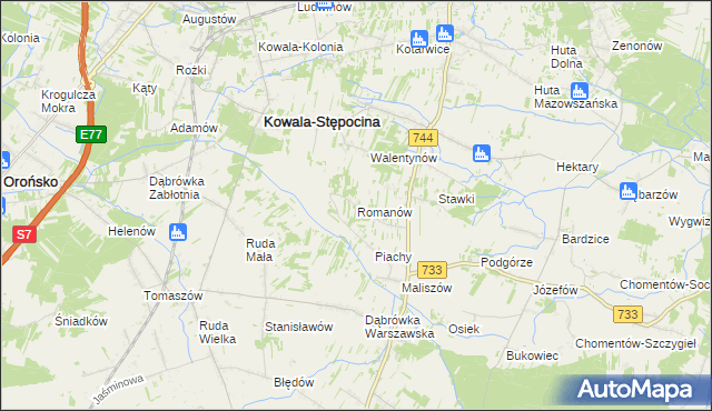 mapa Romanów gmina Kowala, Romanów gmina Kowala na mapie Targeo