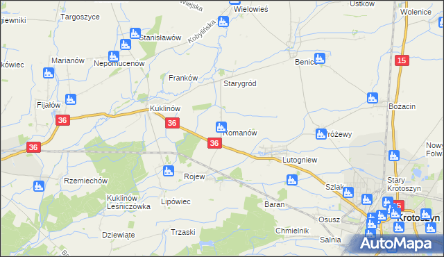 mapa Romanów gmina Krotoszyn, Romanów gmina Krotoszyn na mapie Targeo