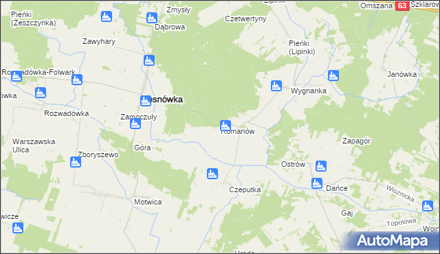 mapa Romanów gmina Sosnówka, Romanów gmina Sosnówka na mapie Targeo