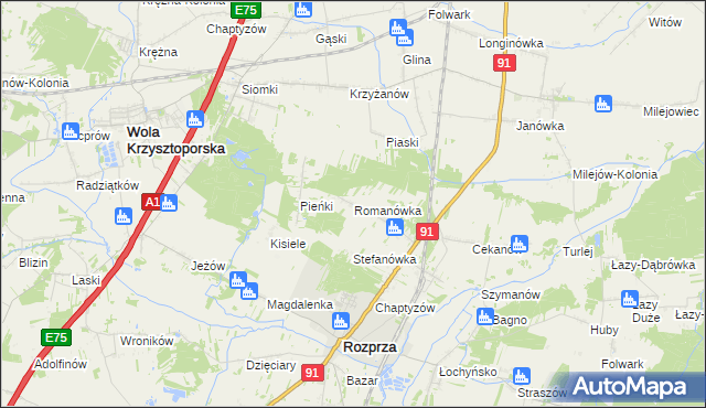 mapa Romanówka gmina Rozprza, Romanówka gmina Rozprza na mapie Targeo