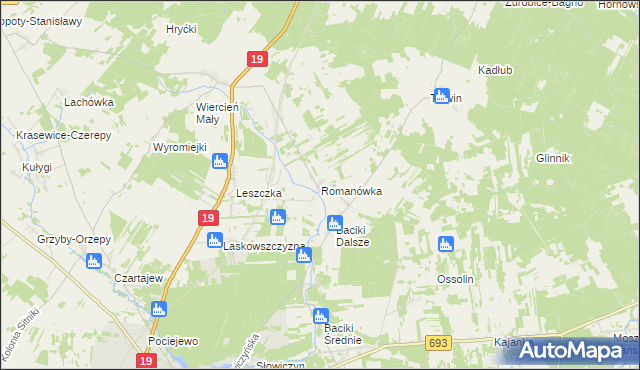 mapa Romanówka gmina Siemiatycze, Romanówka gmina Siemiatycze na mapie Targeo