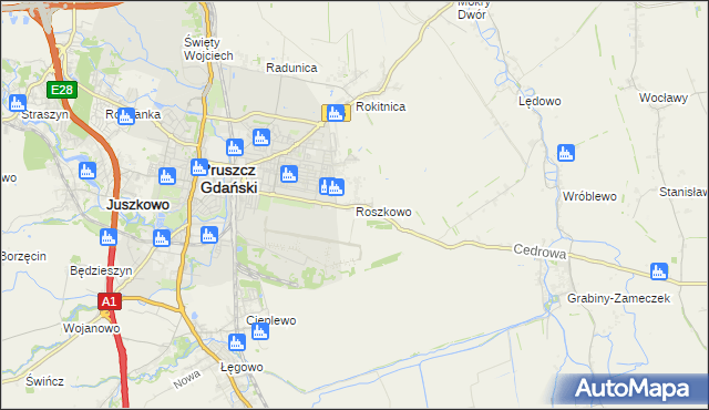 mapa Roszkowo gmina Pruszcz Gdański, Roszkowo gmina Pruszcz Gdański na mapie Targeo