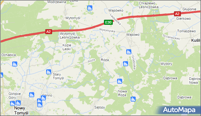 mapa Róża gmina Nowy Tomyśl, Róża gmina Nowy Tomyśl na mapie Targeo