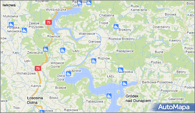 mapa Rożnów gmina Gródek nad Dunajcem, Rożnów gmina Gródek nad Dunajcem na mapie Targeo