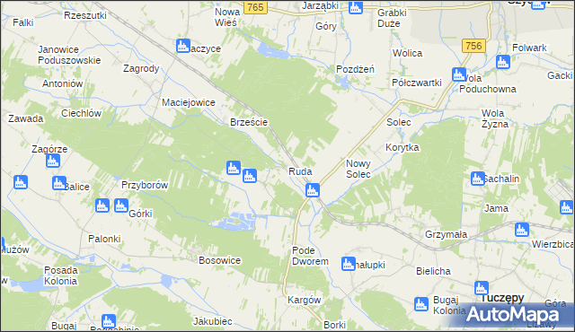 mapa Ruda gmina Gnojno, Ruda gmina Gnojno na mapie Targeo