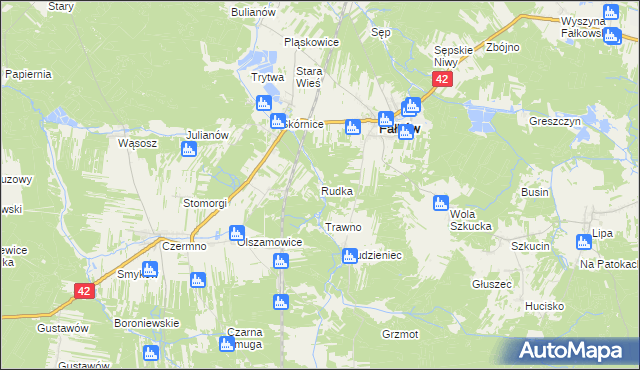 mapa Rudka gmina Fałków, Rudka gmina Fałków na mapie Targeo